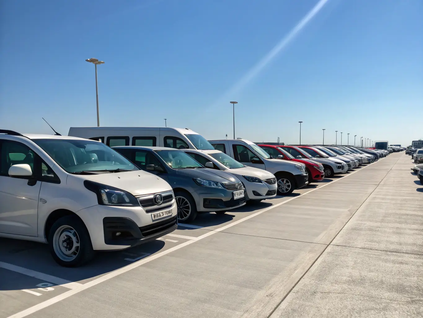 A diverse fleet of well-maintained rental vehicles parked neatly in a lot, showcasing Job360's reliable rental options for various needs.