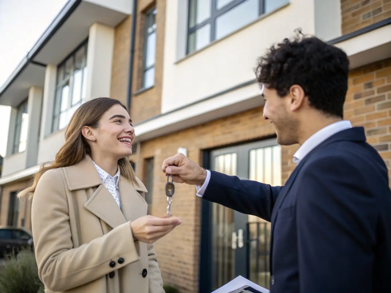 A professional real estate agent handing over keys to a new homeowner, symbolizing trust and successful transactions. The image should convey reliability and satisfaction.