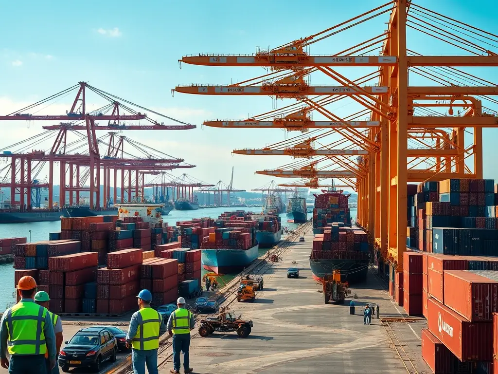 A modern cargo ship is docked at a bustling port, with various vehicles being loaded and unloaded, symbolizing Job360's efficient vehicle import/export services.