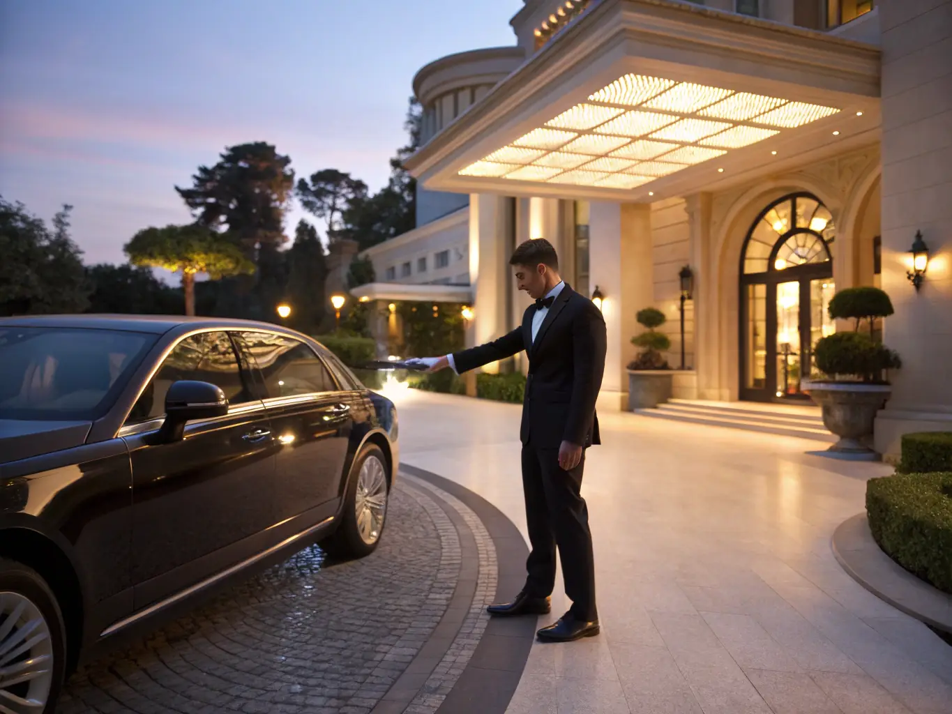 A sharply dressed concierge is handing a set of car keys to a smiling business executive in front of a luxury sedan, symbolizing convenience and personalized service.